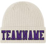 Custom Knit Hat Cream Purple Black Cuffed Stitched Winter Beanie Custom Cream Purple-Black Stitched Cuffed Knit Hat