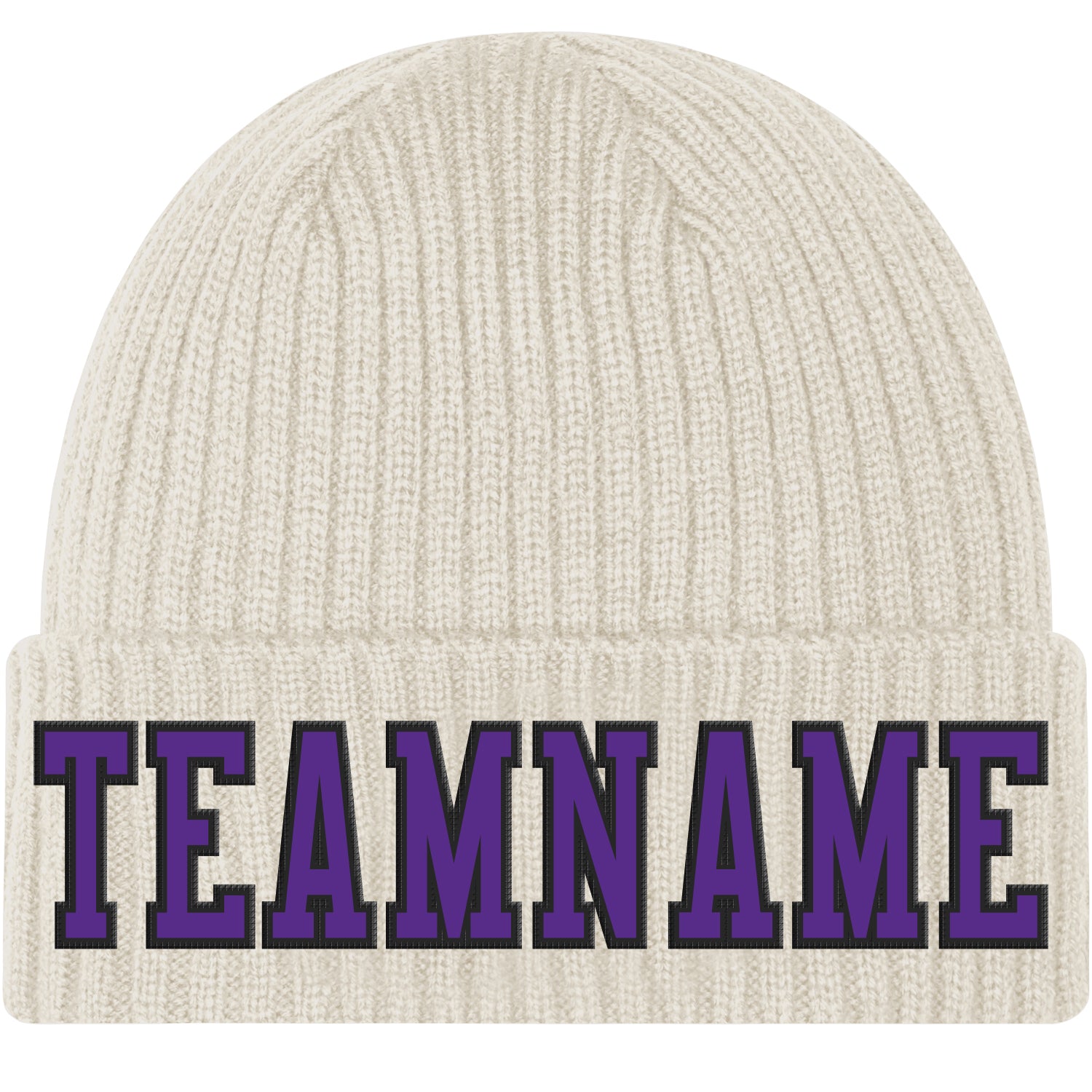 Custom Cream Purple-Black Stitched Cuffed Knit Hat Custom Knit Hat Cream Purple Black Cuffed Stitched Winter Beanie Custom Cream Purple-Black Stitched Cuffed Knit Hat