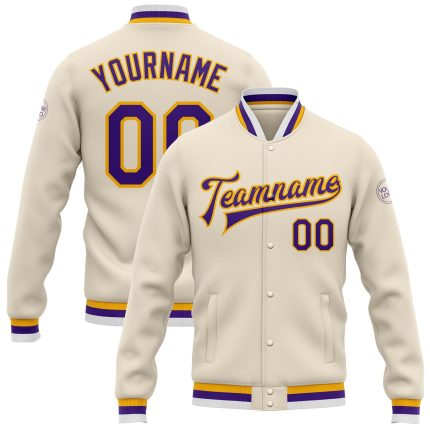 Custom Cream Purple Gold Bomber Varsity Letterman Jacket Full-Snap Design Custom Cream Purple-Gold Bomber Full-Snap Varsity