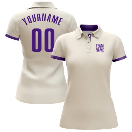 Custom Golf Polo Shirt in Cream and Purple - Performance Fabric Custom Cream Purple Performance Golf Polo Shirt