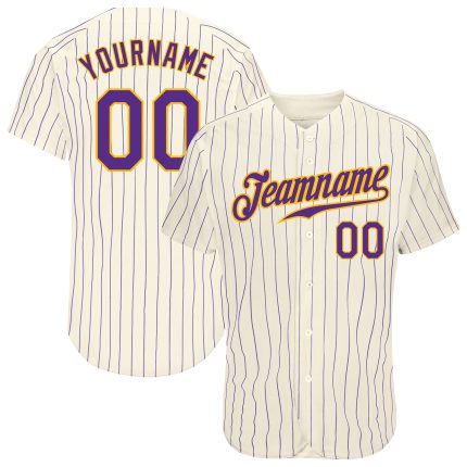 Custom Cream Purple Pinstripe Jersey - Authentic Purple-Gold Baseball Jersey Custom Cream Purple Pinstripe Purple-Gold Authentic