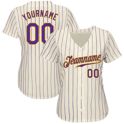 Custom Cream Purple Gold Pinstripe Authentic Baseball Jersey - Style 8544 Custom Cream Purple Pinstripe Purple-Gold Authentic