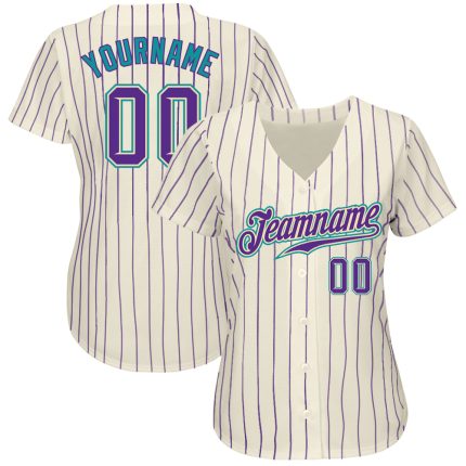 Custom Purple Teal Baseball Jersey - Authentic Cream Purple Pinstripe Design Custom Cream Purple Pinstripe Purple-Teal Authentic