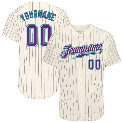 Custom Purple Teal Baseball Jersey - Authentic Cream Purple Pinstripe Design Custom Cream Purple Pinstripe Purple-Teal Authentic