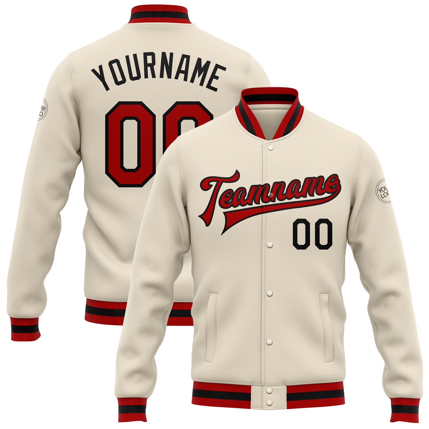 Custom Cream Red-Black Bomber Full-Snap Varsity Letterman Jacket Custom Red Black Bomber Varsity Jacket Full-Snap Letterman Coat Custom Cream Red-Black Bomber Full-Snap Varsity Letterman