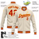 Custom Red-Gold Varsity Letterman Bomber Jacket Full-Snap Cream Design Custom Cream Red-Gold Bomber Full-Snap Varsity Letterman