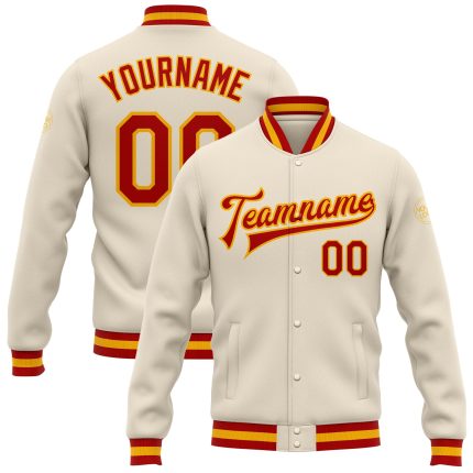 Custom Red-Gold Varsity Letterman Bomber Jacket Full-Snap Cream Design Custom Cream Red-Gold Bomber Full-Snap Varsity Letterman