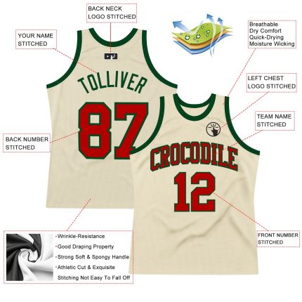 Custom Authentic Basketball Jersey | Cream Red-Green Throwback Design Custom Cream Red-Green Authentic Throwback Basketball
