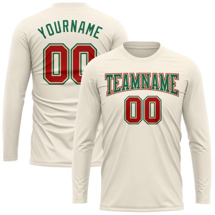 Custom Performance T-Shirt Long Sleeve Cream Red Kelly Green for Men and Women Custom Cream Red-Kelly Green Long Sleeve Performance