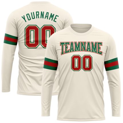 Custom Performance T-Shirt Long Sleeve Cream Red Kelly Green for Men and Women Custom Cream Red-Kelly Green Long Sleeve Performance