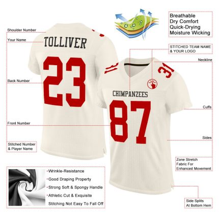 Custom Cream Red Mesh Football Jersey - Authentic Team Apparel Custom Cream Red Mesh Authentic Football Jersey