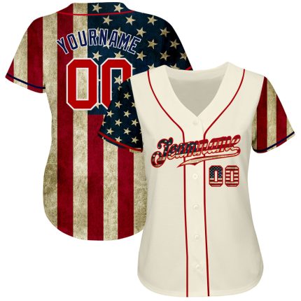 Custom 3D American Flag Baseball Jersey in Cream Red-Navy - Authentic Sports Apparel Custom Cream Red-Navy 3D American Flag