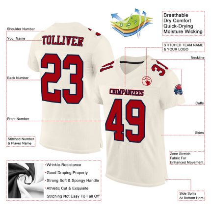 Custom Red-Navy Mesh Football Jersey - Authentic Personalized Apparel Custom Cream Red-Navy Mesh Authentic Football Jersey