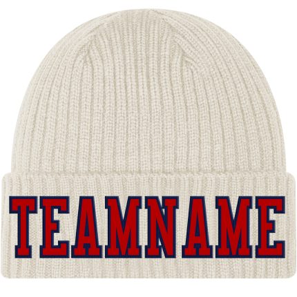 Custom Cream Red Navy Knit Hat with Cuffed Design - Stylish and Warm Beanie Custom Cream Red-Navy Stitched Cuffed Knit Hat