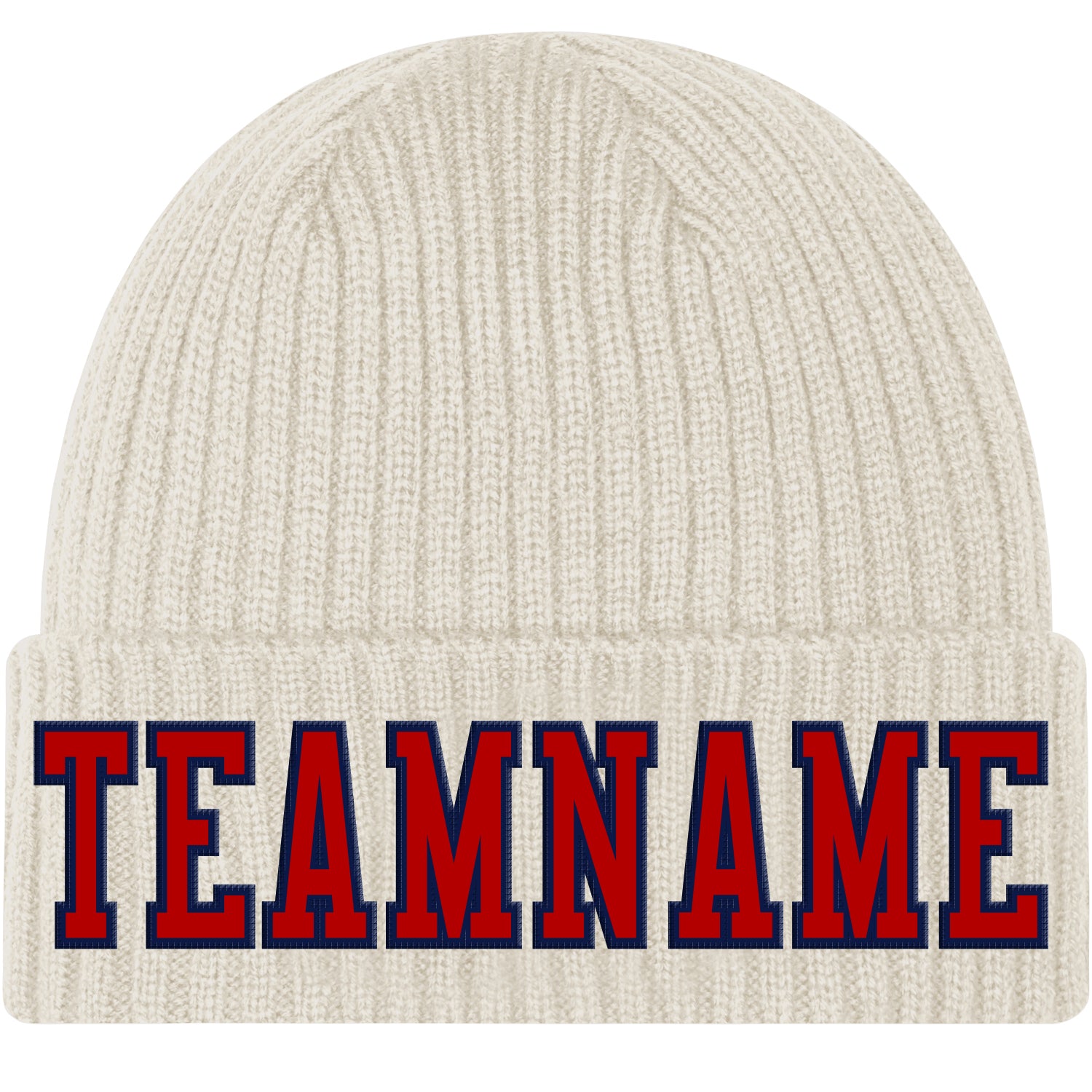 Custom Cream Red Navy Knit Hat with Cuffed Design - Stylish and Warm Beanie Custom Cream Red-Navy Stitched Cuffed Knit Hat