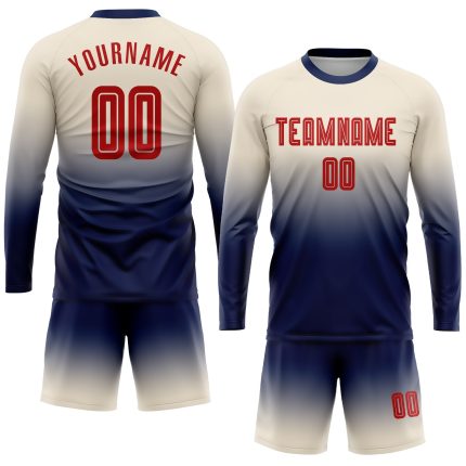Custom Cream Red-Navy Soccer Jersey Long Sleeve Fashion Fade Uniform Custom Cream Red-Navy Sublimation Long Sleeve Fade Fashion