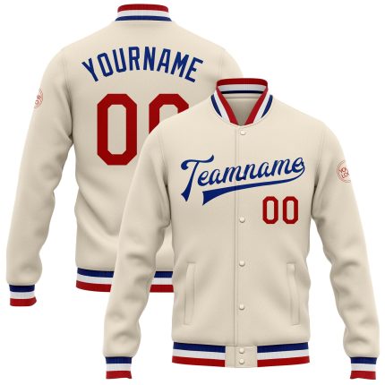 Custom Cream Red Royal Varsity Letterman Bomber Jacket Full-Snap Custom Cream Red-Royal Bomber Full-Snap Varsity Letterman