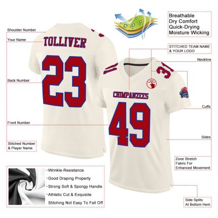 Custom Red Royal Football Jersey - Authentic Mesh Sports Apparel Custom Cream Red-Royal Mesh Authentic Football Jersey