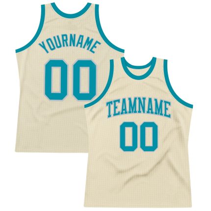 Custom Authentic Basketball Jersey in Cream Teal and Silver Gray - Throwback Style Custom Cream Teal-Silver Gray Authentic