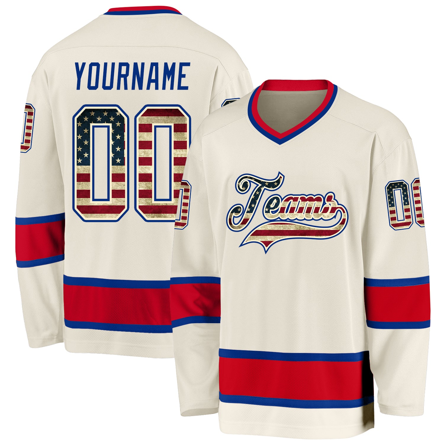 Custom Vintage USA Flag Hockey Jersey in Royal Red - Cream Color Custom Cream Vintage USA Flag Royal-Red Hockey Jersey