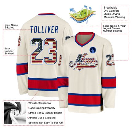 Custom Vintage USA Flag Hockey Jersey in Royal Red - Cream Color Custom Cream Vintage USA Flag Royal-Red Hockey Jersey
