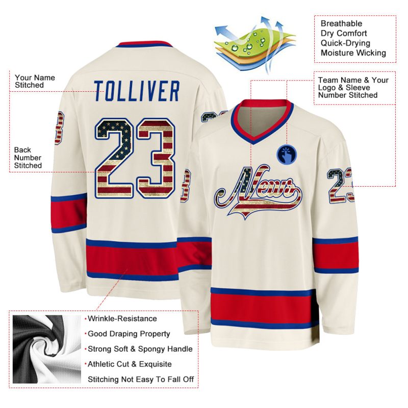 Custom Vintage USA Flag Hockey Jersey in Royal Red - Cream Color Custom Cream Vintage USA Flag Royal-Red Hockey Jersey