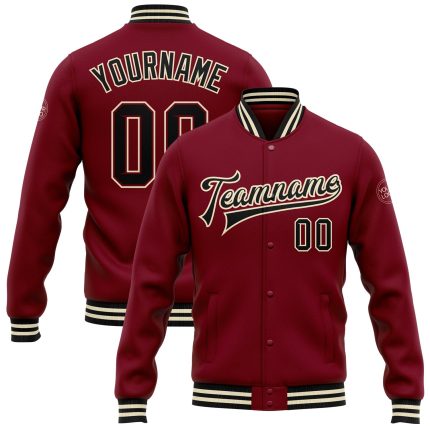 Custom Crimson Black Cream Varsity Letterman Jacket Full-Snap Bomber Design Custom Crimson Black-Cream Bomber Full-Snap Varsity