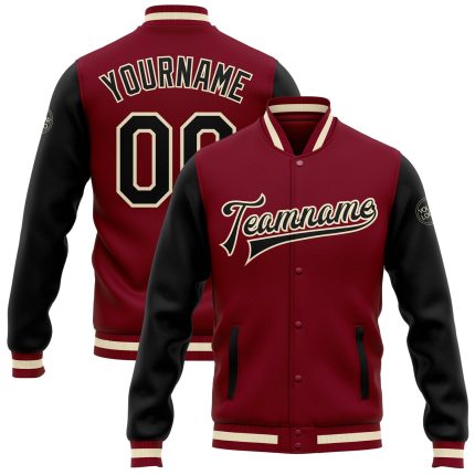 Custom Two Tone Bomber Jacket Crimson Black Cream Full-Snap Varsity Letterman Custom Crimson Black-Cream Bomber Full-Snap