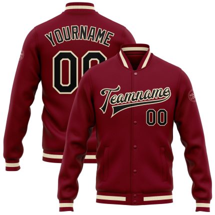 Custom Crimson Black Cream Maroon Varsity Letterman Bomber Jacket Full-Snap Custom Crimson Black Cream-Maroon Bomber Full-Snap