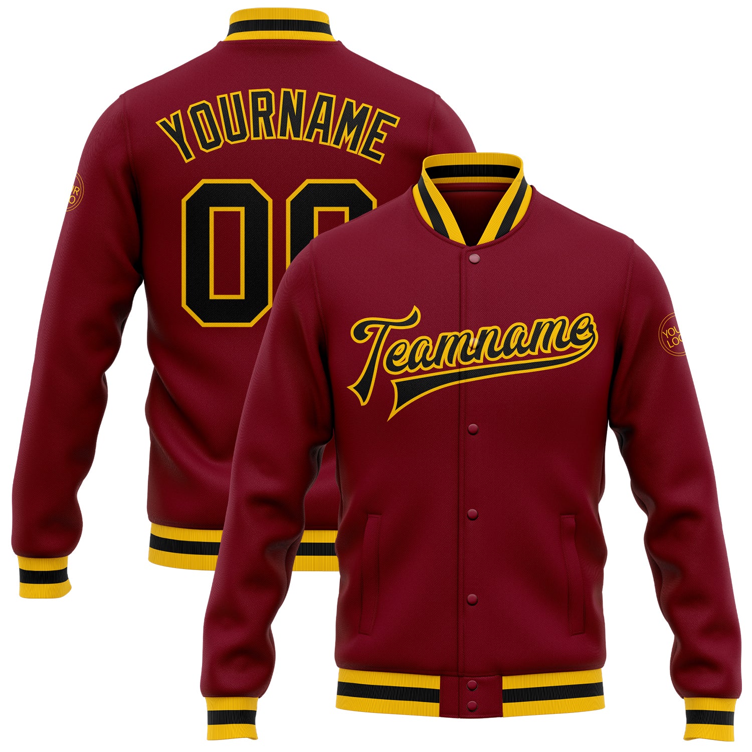 Custom Varsity Letterman Jacket Crimson Black-Gold Full-Snap Bomber Style Custom Crimson Black-Gold Bomber Full-Snap Varsity