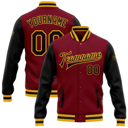Crimson Black Gold Two Tone Bomber Jacket Full Snap Varsity Letterman Custom Crimson Black-Gold Bomber Full-Snap Varsity