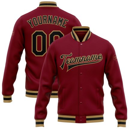 Custom Crimson Black Old Gold Varsity Letterman Full-Snap Bomber Jacket Custom Crimson Black-Old Gold Bomber Full-Snap Varsity
