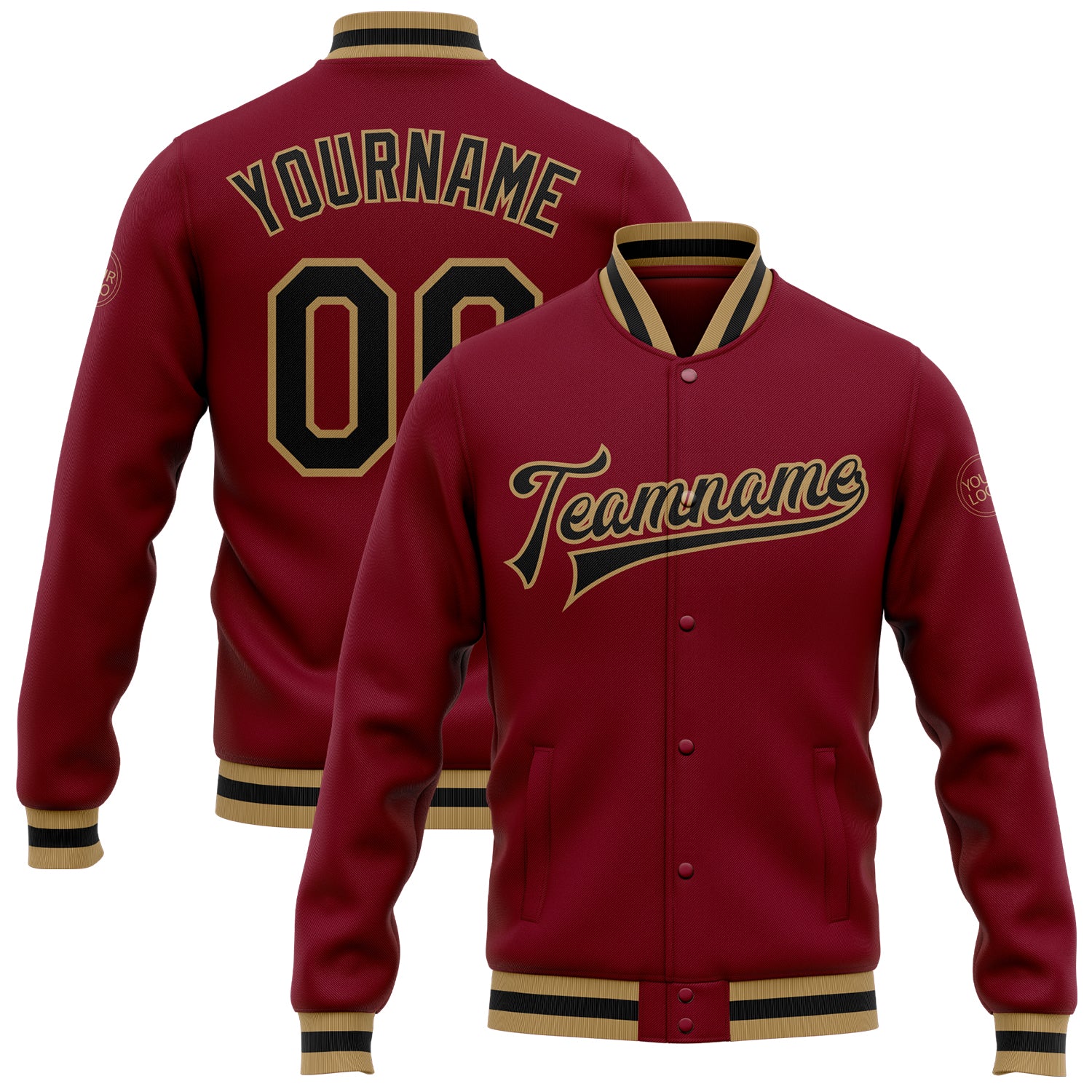 Custom Crimson Black Old Gold Varsity Letterman Full-Snap Bomber Jacket Custom Crimson Black-Old Gold Bomber Full-Snap Varsity