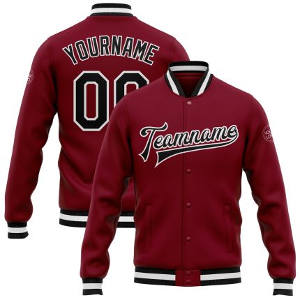 Custom Crimson Black and White Varsity Letterman Full-Snap Bomber Jacket Custom Crimson Black-White Bomber Full-Snap Varsity