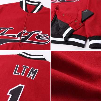 Custom Crimson Black and White Varsity Letterman Full-Snap Bomber Jacket Custom Crimson Black-White Bomber Full-Snap Varsity
