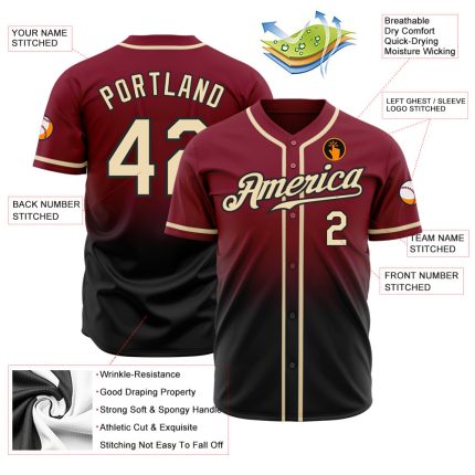 Crimson Cream-Black Custom Fade Authentic Baseball Jersey for Men Custom Crimson Cream-Black Authentic Fade Fashion Baseball