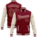 Custom Crimson Cream Maroon Two-Tone Bomber Varsity Letterman Jacket Custom Crimson Crimson Cream-Maroon Bomber Full-Snap