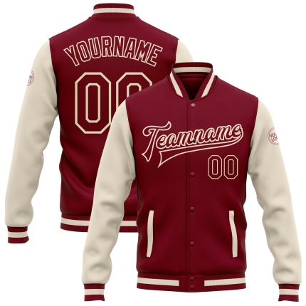 Custom Crimson Cream Maroon Two-Tone Bomber Varsity Letterman Jacket Custom Crimson Crimson Cream-Maroon Bomber Full-Snap