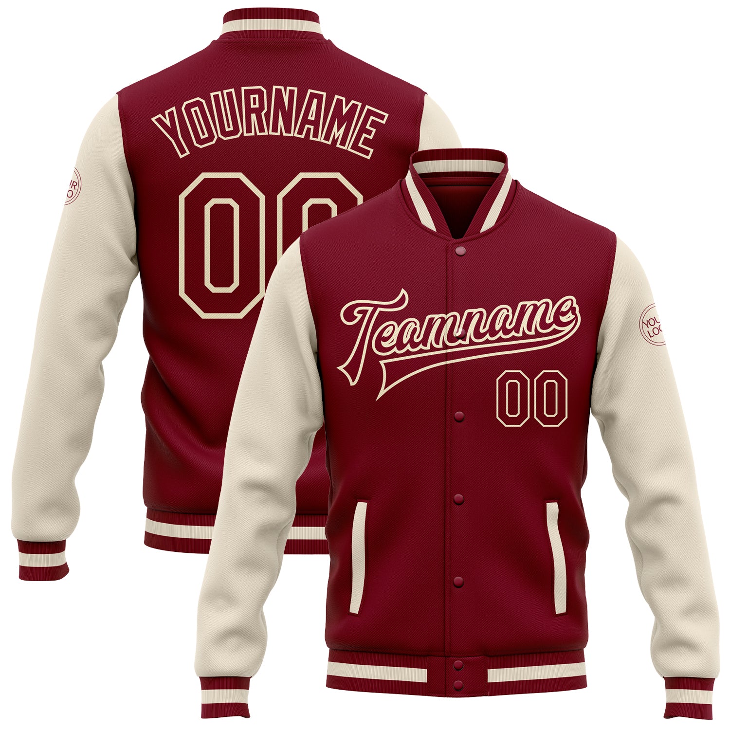 Custom Crimson Cream Maroon Two-Tone Bomber Varsity Letterman Jacket Custom Crimson Crimson Cream-Maroon Bomber Full-Snap