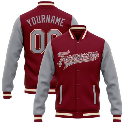 Custom Two Tone Bomber Jacket Gray Cream Crimson Varsity Full-Snap Letterman Custom Crimson Gray-Cream Bomber Full-Snap Varsity