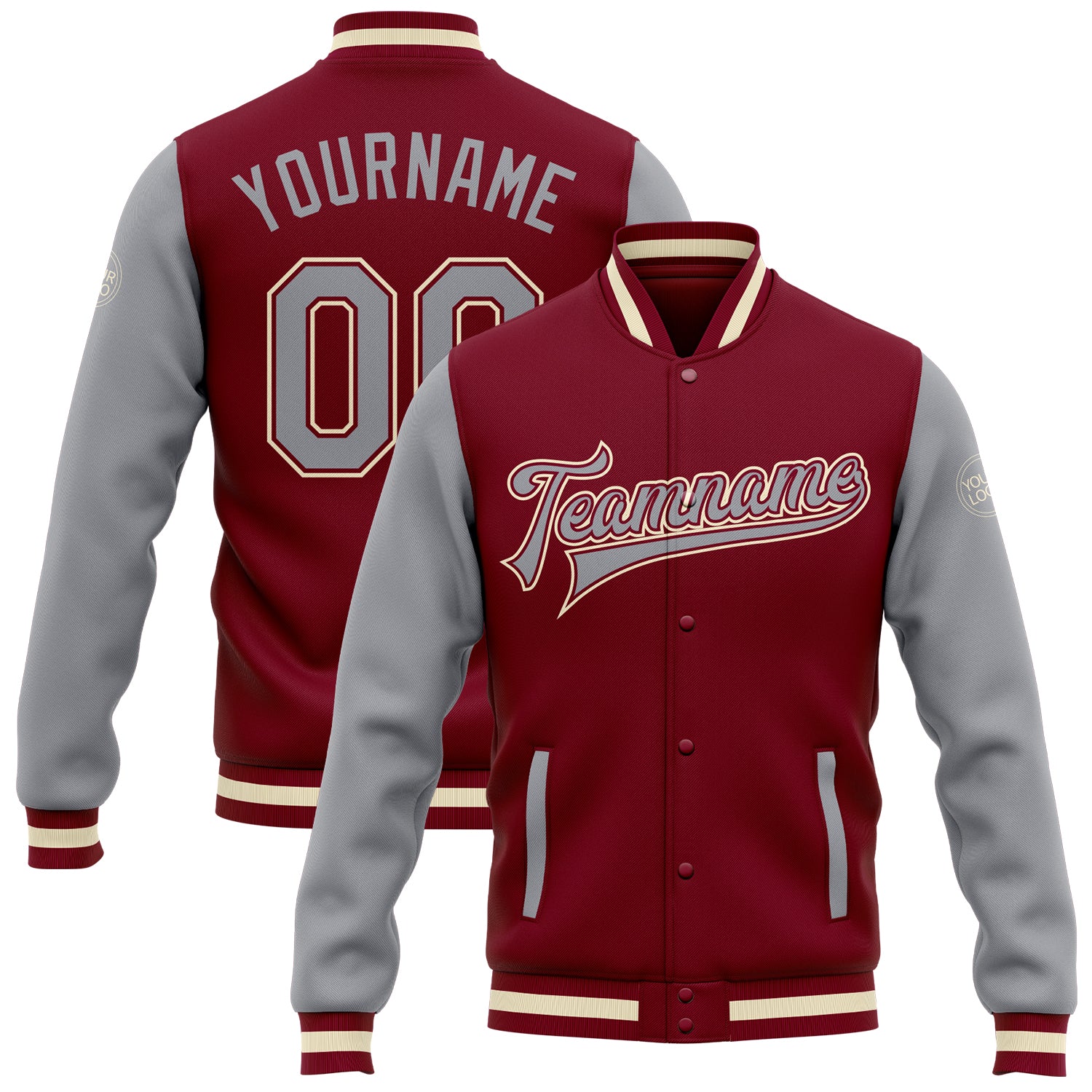 Custom Crimson Gray-Cream Bomber Full-Snap Varsity Letterman Two Tone Jacket Custom Two Tone Bomber Jacket Gray Cream Crimson Varsity Full-Snap Letterman Custom Crimson Gray-Cream Bomber Full-Snap Varsity