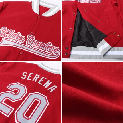 Custom Varsity Letterman Jacket Crimson Gray White Full-Snap Bomber Custom Crimson Gray-White Bomber Full-Snap Varsity Letterman