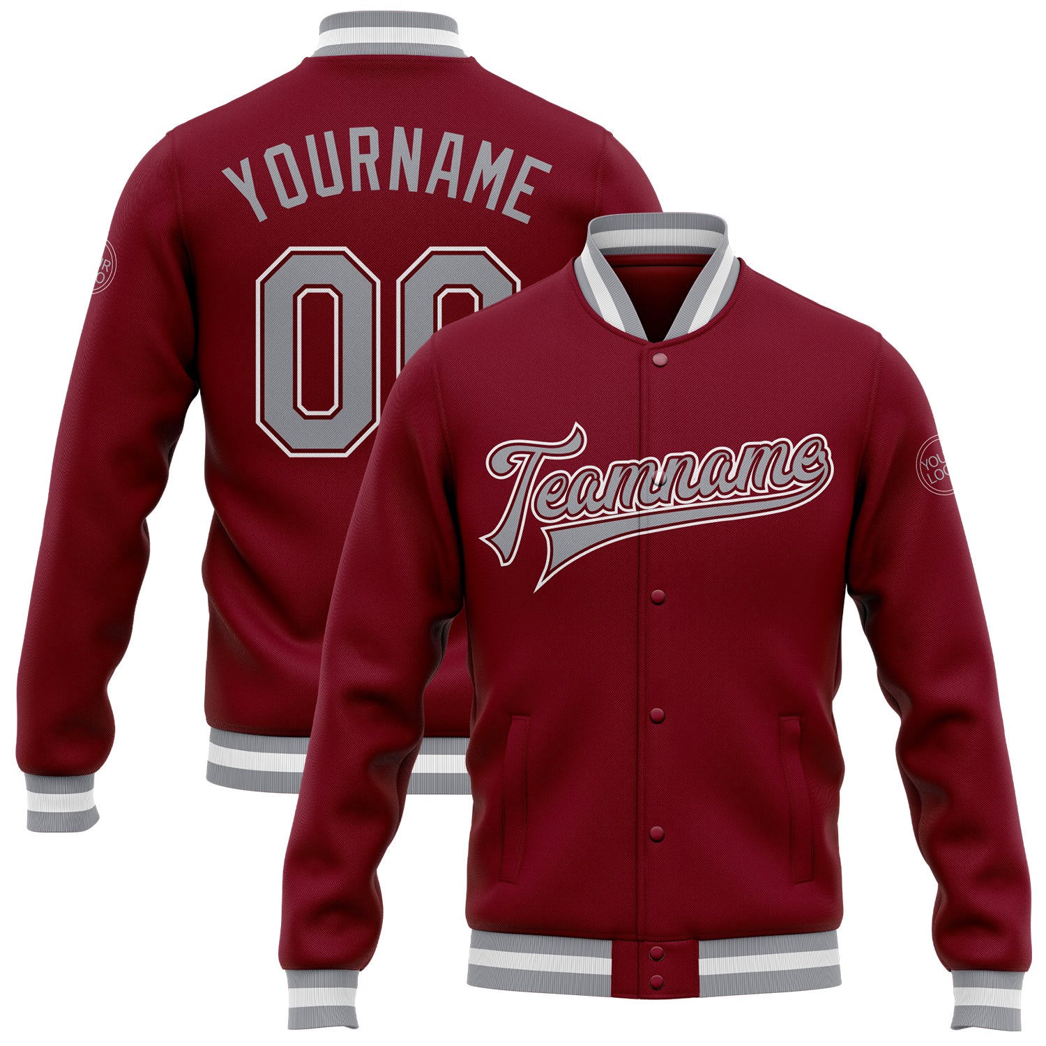 Custom Varsity Letterman Jacket Crimson Gray White Full-Snap Bomber Custom Crimson Gray-White Bomber Full-Snap Varsity Letterman