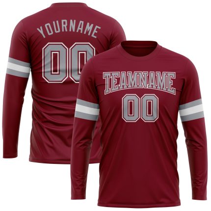 Crimson Gray White Long Sleeve Performance T-Shirt Custom Design for Men Custom Crimson Gray-White Long Sleeve Performance