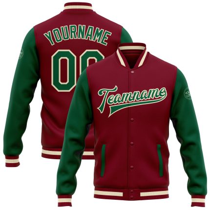 Crimson Green Cream Two Tone Varsity Letterman Bomber Jacket Full-Snap Custom Custom Crimson Kelly Green-Cream Bomber Full-Snap