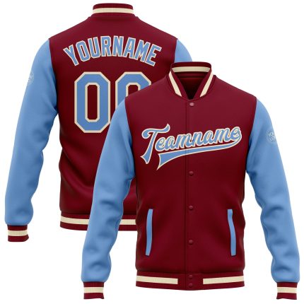 Custom Two Tone Bomber Jacket Light Blue Cream Crimson Varsity Full-Snap Letterman Custom Crimson Light Blue-Cream Bomber