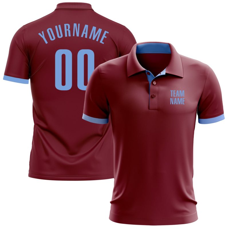 Crimson Light Blue Performance Golf Polo Shirt - Customizable Mens Apparel Custom Crimson Light Blue Performance Golf Polo