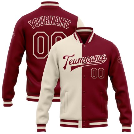 Custom Maroon Cream Bomber Varsity Letterman Jacket - Full-Snap Fashion Outerwear Custom Crimson Maroon-Cream Bomber Full-Snap