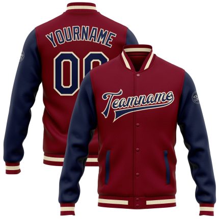 Crimson Two Tone Varsity Letterman Bomber Jacket - Navy Cream Full-Snap Custom Design Custom Crimson Navy-Cream Bomber Full-Snap