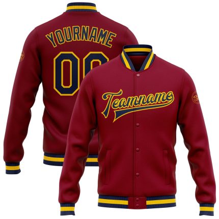 Crimson Navy Gold Varsity Letterman Bomber Jacket Custom Full-Snap Custom Crimson Navy-Gold Bomber Full-Snap Varsity Letterman